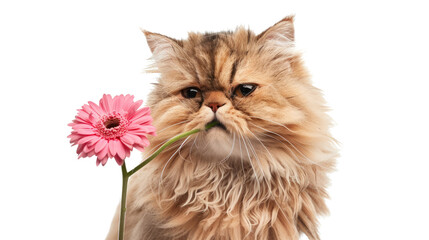Photograph of a Persian cat with a flower in its mouth, looking like a romantic greeting card against a transparent background.