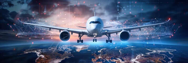 Technology Airplane fly on world map, concept of global network and connectivity, international...