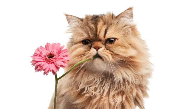 Photograph of a Persian cat with a flower in its mouth, looking like a romantic greeting card against a transparent background.