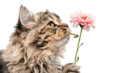 Photograph of a Persian cat with a flower in its mouth, looking like a romantic greeting card against a transparent background.