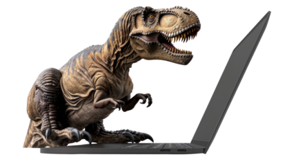Photograph of a photorealistic Tyrannosaurus Rex working on a MacBook Pro, with a transparent background.