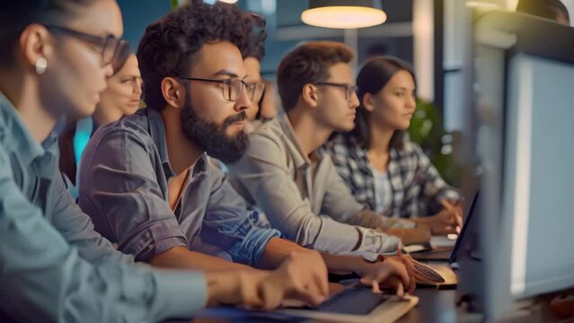 A team of individuals sitting together, actively engaged in a software project on a computer screen, Collaborative team working on a software project
