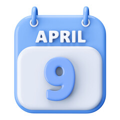 9th April Calendar Icon 3D Render