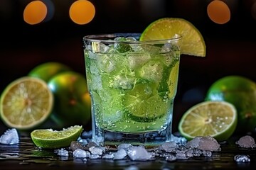Fototapeta premium A caipirinha cocktail in a short glass, with muddled lime wedges, sugar, and cachasa, served over crushed ice. 
