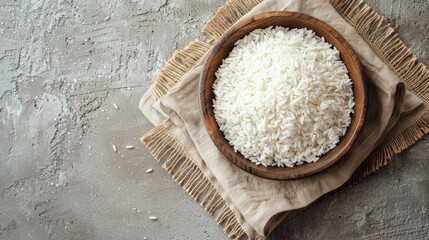 White rice in brown plate, flat lay, simple food background
