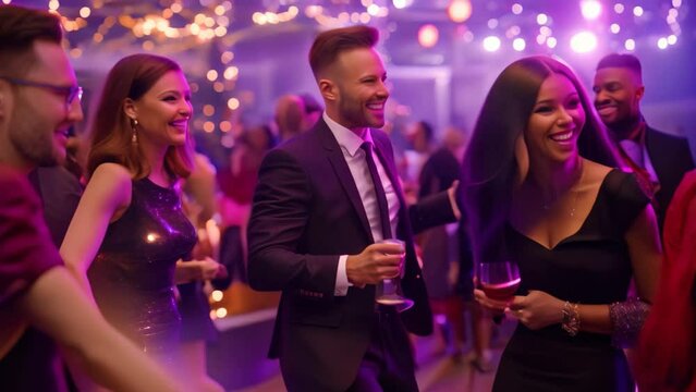 Colleagues in formal attire mingling and conversing at a lively company holiday gathering, Colleagues in fancy attire dancing at a company holiday party