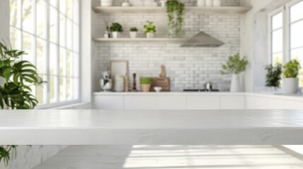 Fototapeta premium Empty white marble table top and blurred kitchen background, product display montage