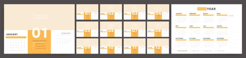 2025 Calendar template design. Week starts on Sunday office calendar. Desktop planner in classic clean style. Corporate or business calendar. English vector calendar 2025 layout.