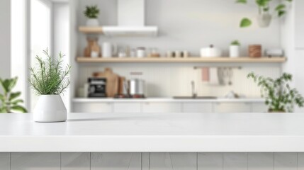 Empty white marble table top and blurred kitchen background, product display montage