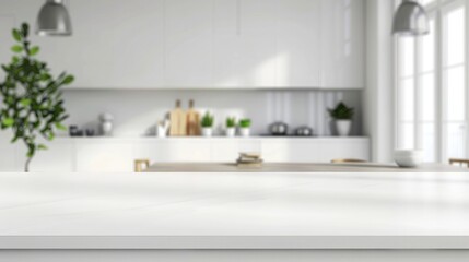 Fototapeta premium Empty white marble table top and blurred kitchen background, product display montage