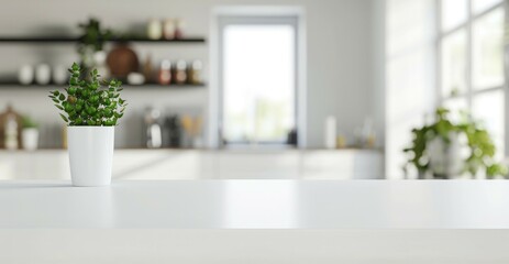 Empty white marble table top and blurred kitchen background, product display montage