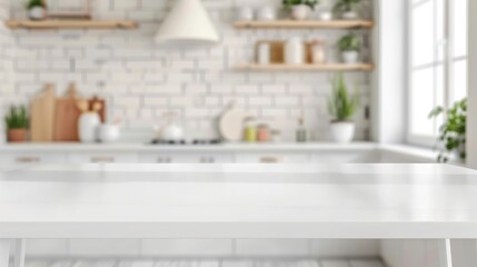 Empty white marble table top and blurred kitchen background, product display montage