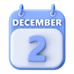 2nd December Calendar Icon 3D Render