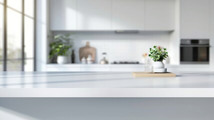Empty white marble table top and blurred kitchen background, product display montage