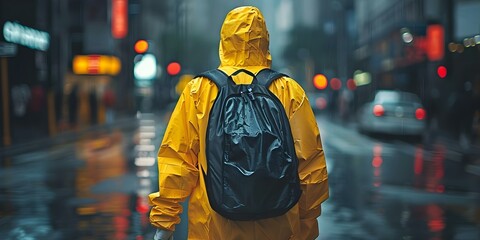 Obraz premium Man in hazmat suit with backpack walks through city. Concept Exploring, Hazmat suit, Urban, Safety, Cityscape