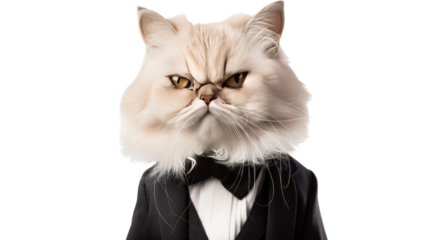 Photograph of a Persian cat dressed in a tiny tuxedo, ready for a fancy party against a transparent background