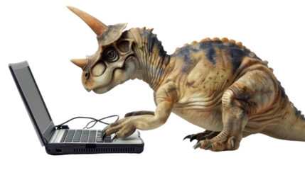 Photograph of a parasaurolophus composing music on a laptop, with a transparent background.