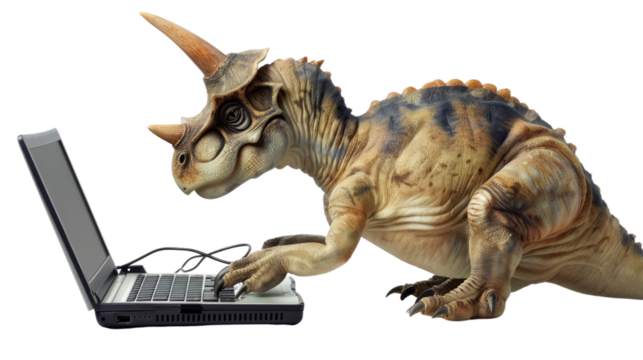 Photograph of a parasaurolophus composing music on a laptop, with a transparent background.