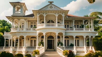 Large White House Surrounded by Palm Trees, Combine traditional architectural styles with modern influences to create a truly unique and timeless masterpiece