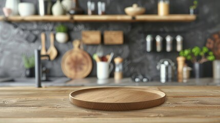 Empty wooden cutting board on table in modern kitchen. space for text