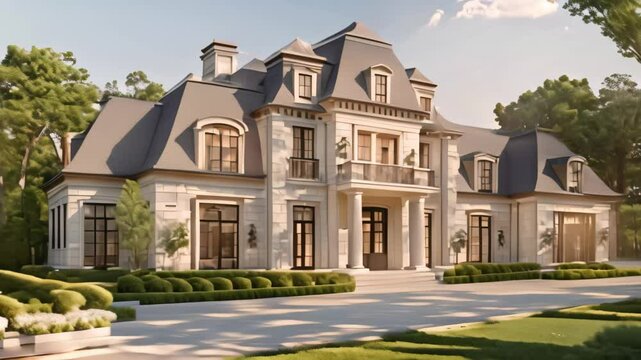 A grand white house featuring numerous windows in a traditional architectural style, Combine traditional architectural styles with modern influences to create a truly unique and timeless masterpiece