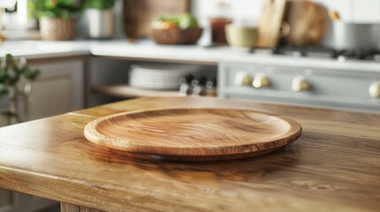Obraz premium Empty wooden cutting board on table in modern kitchen. space for text