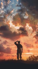 Fototapeta premium Illustration of a lone soldier saluting against a dramatic sky.