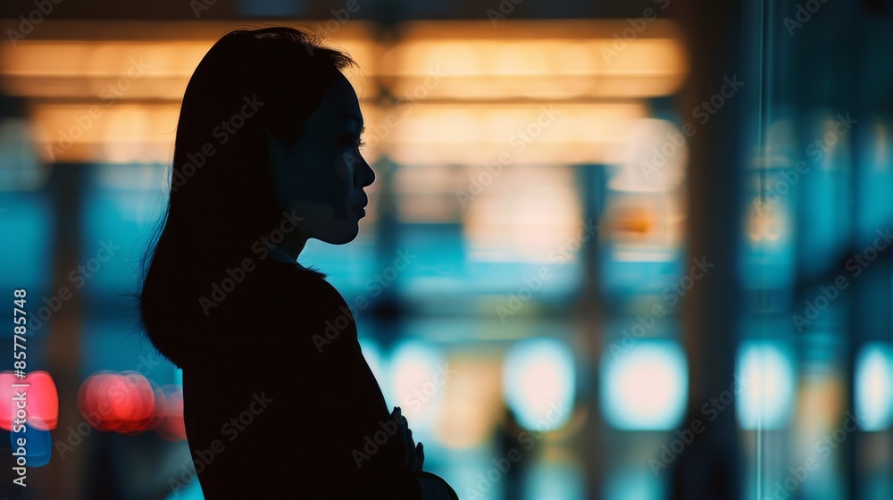 Sticker A woman is standing in a dark room with a blurry background