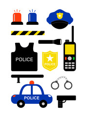 Police Gear Icon Set Emergency Lights, Uniform, Handcuffs, Badge, Radio, Flashlight, Gun, Patrol Car. Flat design clip arts vector illustration collection for kids.