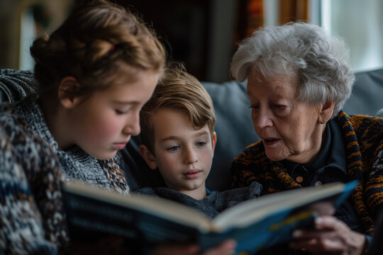 Grandmother Reading Book to Grandchildren on Cozy Sofa by Window. Grandparents Day, World Book Day ,Family Literacy Day, National Reading Month, World Storytelling Day.