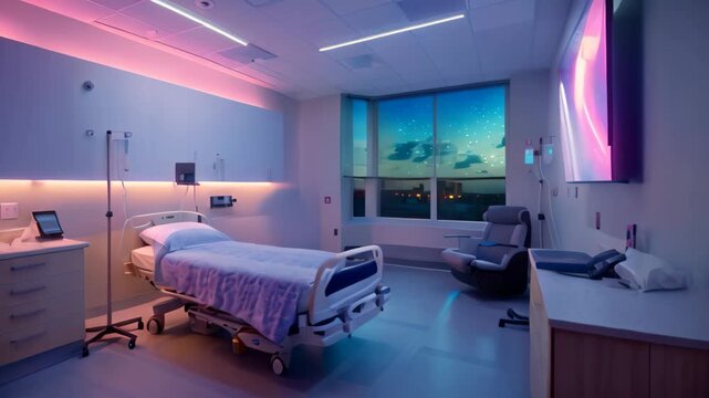 A hospital room featuring a bed and a television, Conceptualize a room with customizable ambient lighting and soundscapes for patient well-being