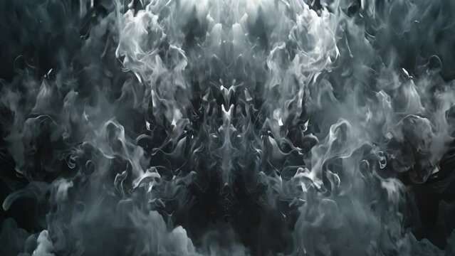 Blue and white background with swirling smoke emanating from the center, Conceptualize an otherworldly depiction of smoke forming intricate shapes