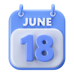 18th June Calendar Icon 3D Render