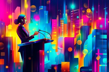 Colorful digital art of a woman speaking at a podium with vibrant cityscape backdrop, illuminating the theme of futuristic urban inspiration.