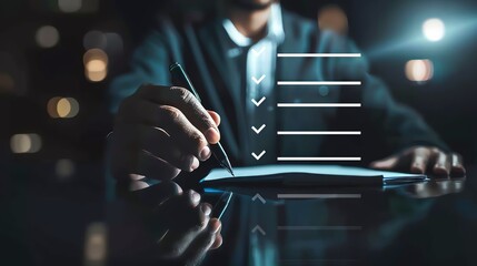 A businessman checks off items on a checklist, symbolizing task completion and success.