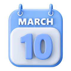 10th March Calendar Icon 3D Render
