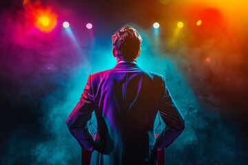 Man in a suit standing on stage illuminated by colorful lights, back view. Perfect for entertainment or leadership-themed visuals.