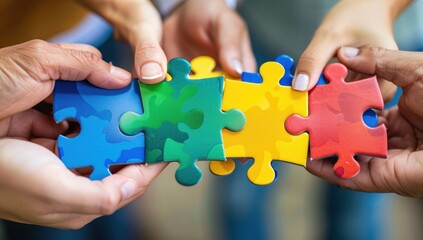 Four Hands Holding Colorful Jigsaw Puzzle Pieces