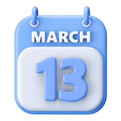 13th March Calendar Icon 3D Render