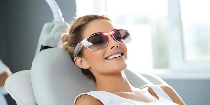 Patient receives safe laser teeth whitening treatment with protective glasses for precision. Concept Dental Procedures, Teeth Whitening, Laser Technology, Protective Gear, Precision Treatment
