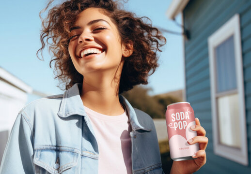 Woman Holding Can Mockup With Generative AI