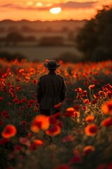 Man in Hat Standing in Field of Red Poppies at Sunset with Golden Sky