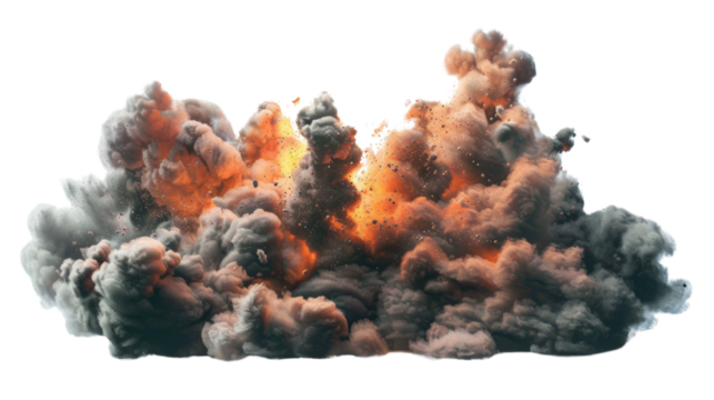 Photograph of a hyperrealistic explosion, rendered with stunning detail and precision, creating an immersive and awe-inspiring image on a transparent background