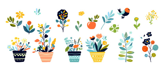 Bright and playful vector illustration folk Potted plants, flowers and bird. Spring themed designs poster Greeting cards Home decor, Includes fresh vibrant colors whimsical elements...