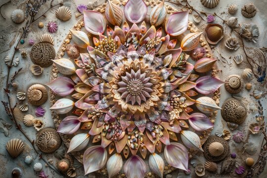 Intricate Seashell Mandala Art with Natural Elements – Beach Decor, Meditation, Zen Inspiration - Powered by Adobe