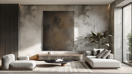 A luxurious living room with a minimalist aesthetic, featuring a single, bold piece of minimalist metal wall art
