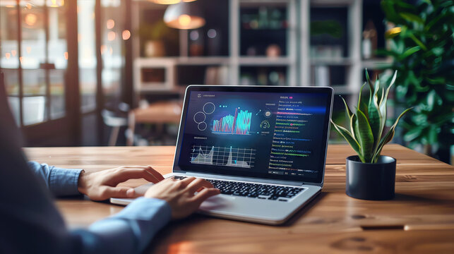 A person working on a laptop with data analytics and graphs displayed on the screen.