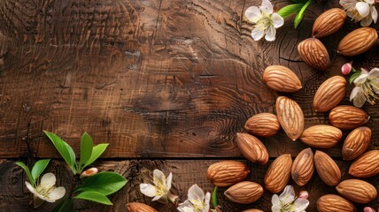 Fototapeta premium peeled almonds on wooden background with empty space