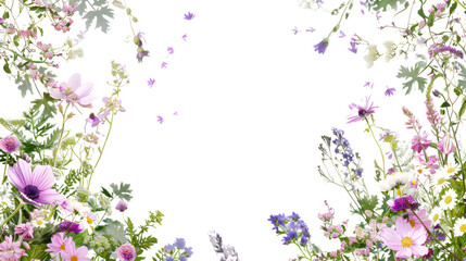 Photograph of a delicate floral frame composed of pastel-colored wildflowers, arranged in a whimsical, asymmetrical pattern against a transparent background