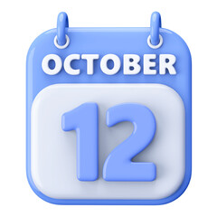 12th October Calendar Icon 3D Render